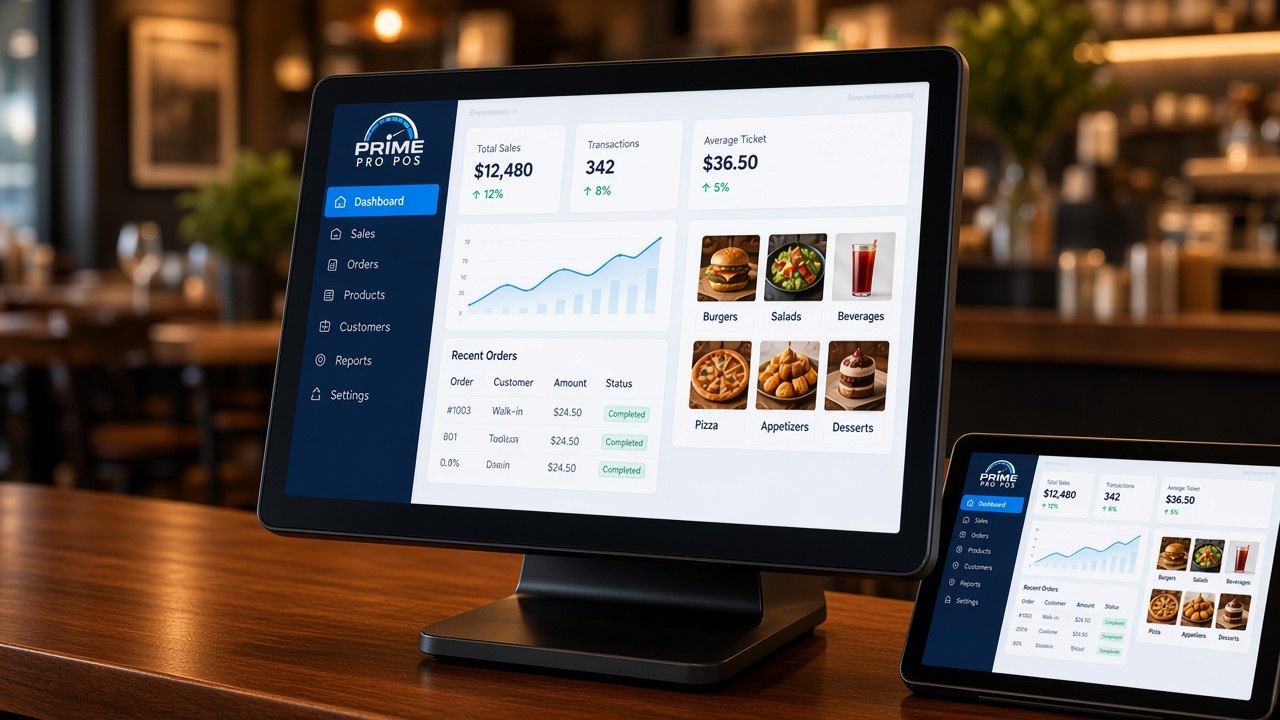 Prime Pro POS dashboard on restaurant counter